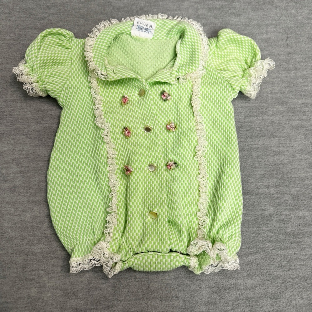 Vintage Baby Bliss Romper 1960's 0-3 M Green Pink Rosettes‎ Button Front Lace